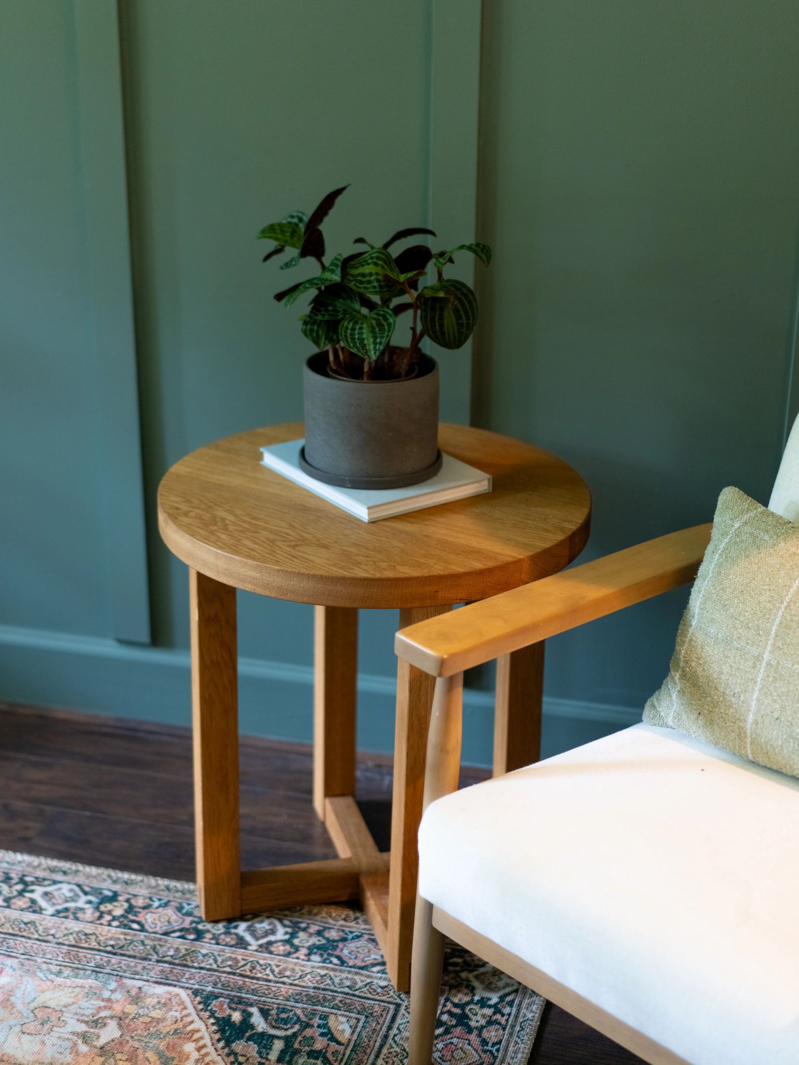Handcrafted wood end table, alternate view